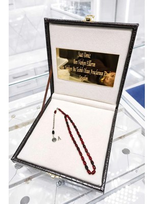 Premium Deri Kutulu, Bilek Boy Ateş Kehribar Tesbih, Harfli Kişiye Özel Yazılı Tesbih.