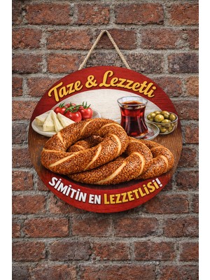Mayeka Simit ve Çay Temalı Simitçiler Börekçiler Kahvaltıcılar Için Ahşap Duvar Kapı Dekoratif Süs Tablo