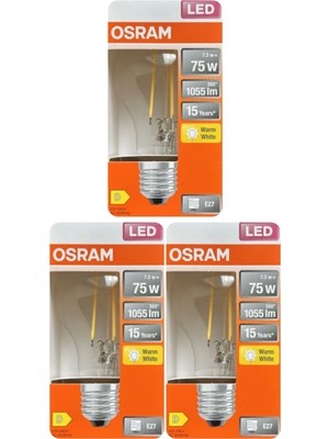 Avarson (3 Adet) Ledvance 7,5W Sarı Işık (2700K) E27 Duylu (Kalın Duy) Filament LED Ampul