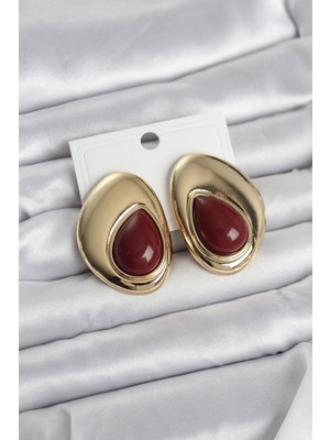 Epilons Pirinç Gold Renk Bordo Taşlı Damla Model Vintage Kadın Küpe - TJ-BKP11682