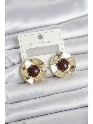 Epilons Vintage Model Kahverengi Gold Renk Pirinç Kadın Küpe - TJ-BKP11663