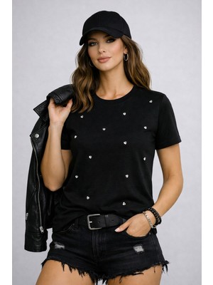 Kadın Siyah Kalp Taşlı Basic Tişört Bisiklet Yaka Günlük Şık Tshirt