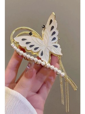 Zurafa Shop Altın Renk Kelebek Figürlü İnci Detaylı Sallantılı Metal Mandal Toka