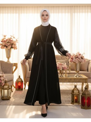 Moda Morfo Kolları İnci Taş Detaylı Tesettür Abaya -Siyah
