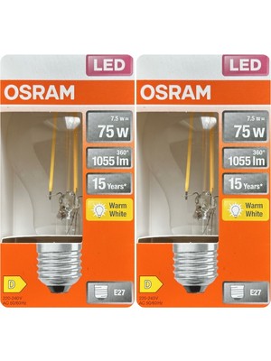Avarson (2 Adet) Ledvance 7,5W Sarı Işık (2700K) E27 Duylu (Kalın Duy) Filament LED Ampul