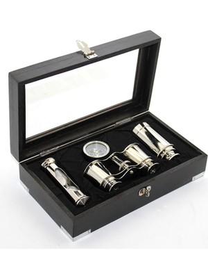 Özgürce Ahşap Kutu Pirinç Dürbün, Pusula ve Kum Saati Seti