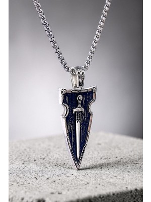 Ak Store Silver Erkek, Kalkan Kılıç Kolye K-186 Gümüş Kaplama Paslanmaz Kromix Çelik Kolye Madalyon