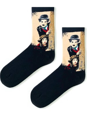 Siyah Charlie Chaplin Desenli Çorap