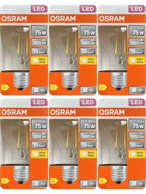 Avarson (6 Adet) Ledvance 7,5W Sarı Işık (2700K) E27 Duylu (Kalın Duy) Filament LED Ampul