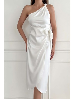 Zishan Fashion Tek Omuzdan Askılı Parlak Saten Kumaş Kuşak Detaylı Midi Kadın Abiye Gece Şık Kadın Elbise STP-003