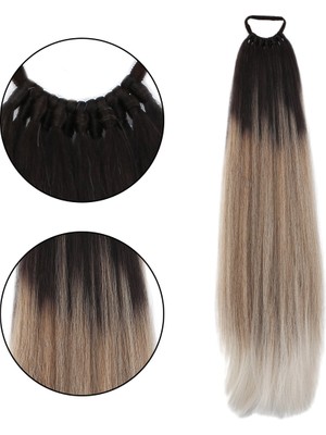 Handmade Kahverengi / Kumral Ombre Beyaz Platin Röfle Düz Uzun Lastik Tokalı At Kuyruğu Saç