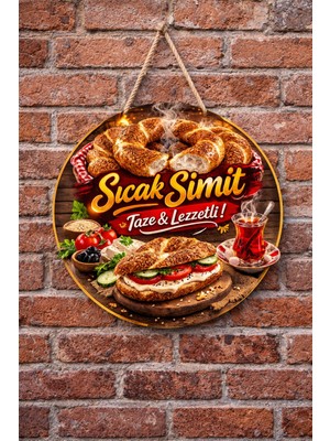 Mayeka Simit ve Çay Temalı Simitçiler Börekçiler Kahvaltıcılar Için Ahşap Duvar Kapı Dekoratif Süs Tablo