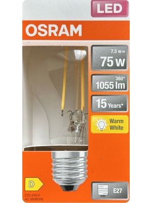 Avarson (1 Adet) Ledvance 7,5W Sarı Işık (2700K) E27 Duylu (Kalın Duy) Filament LED Ampul