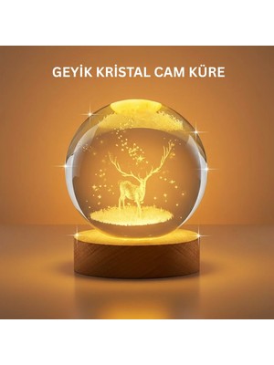 TKÇ 3D Geyik Desenli Kristal Küre USB Işıklı Ahşap Tabanlı Oda Lambası