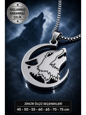 Voyage Accessory Gücün ve Özgürlüğün Sembolü Paslanmaz Çelik Hilal Içerisinde Bozkurt Kurt Kolye