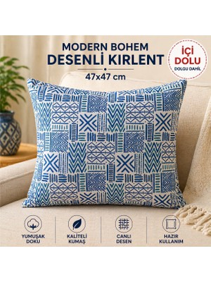 Modern Bohem Desenli Içi Dolu Kırlent 45X45 Mavi (1 Adet)