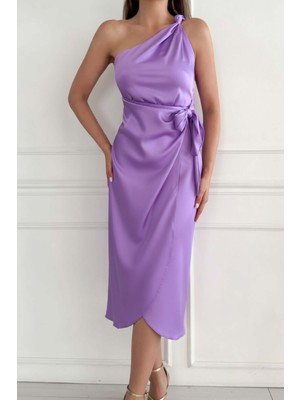 Zishan Fashion Tek Omuzdan Askılı Parlak Saten Kumaş Kuşak Detaylı Midi Kadın Abiye Gece Şık Kadın Elbise STP-003