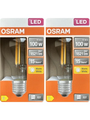 Avarson (2 Adet) Ledvance 11W Sarı Işık (2700K) E27 Duylu (Kalın Duy) Filament LED Ampul