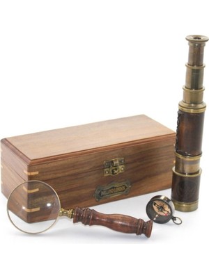 Özgürce Ahşap Kutu ile Pirinç Pusula, Dürbün ve Büyüteç Seti