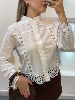 MetuCa Kadın Beyaz Tasarım Motifli Pamuklu Keten Gömlek Dantelli Pinterest Gömlek