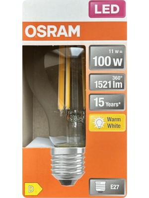 Avarson (1 Adet) Ledvance 11W Sarı Işık (2700K) E27 Duylu (Kalın Duy) Filament LED Ampul