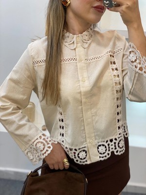 MetuCa Kadın Bej Tasarım Motifli Pamuklu Keten Gömlek Dantelli Pinterest Gömlek