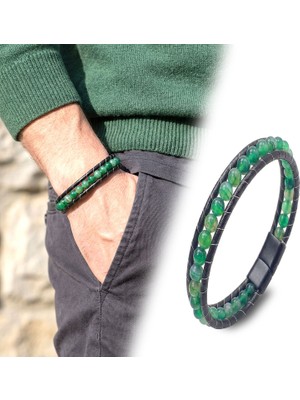 Kuşkaya Ticaret 6mm Yeşil Akik Taşlı Deri Kordon ve Çelik Bileklik