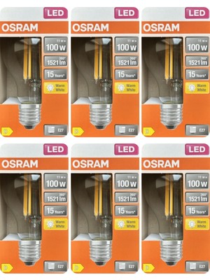 Avarson (6 Adet) Ledvance 11W Sarı Işık (2700K) E27 Duylu (Kalın Duy) Filament LED Ampul