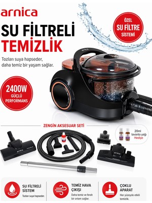Arnica Turbo Başlıklı Su Filtreli ve Yüksek Performanslı Elektrikli Süpürge Rose 2400 W Motor Gücüne Sahip Elektronik Emiş Ayarlı Sessiz Tekerlekli Cihaz
