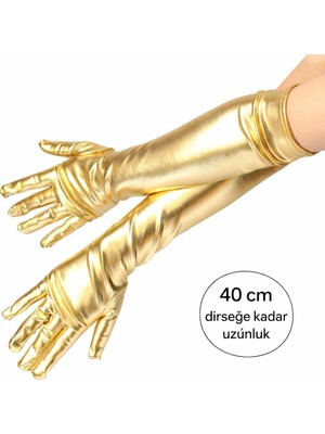 Eco Port Altın Renk Dirsek Altı Lüks Saten Eldiven 40 cm