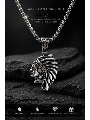Ak Store Silver Amerika Yerlisi Apache Şef Figürlü K-190 Gümüş Kaplama Paslanmaz Kromix Çelik Kolye