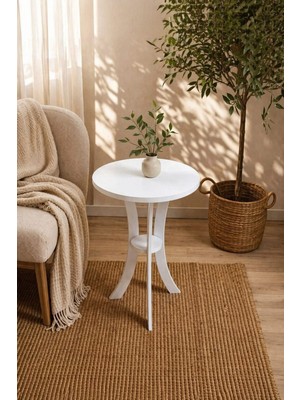 Fiskos Beyaz Yan Sehpa 50 cm Çap - 60 cm Yükseklik Modern Zigon Yan Sehpa Beyaz