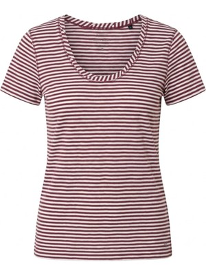 Dukoft Kadın Kiremit Beyaz Çizgili U Yaka %100 Pamuklu Slim Fit Tişört