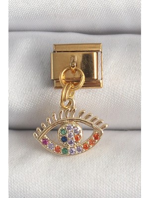Uslucan Alışveriş 316L Çelik Gold Renk Sallantı Renkli Zirkon Taşlı Göz Model Nomination Charm