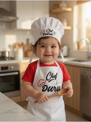 Teknik Reklam Chef Tasarım Çocuk  Önlük Şapka  Seti ( Isim Baskılı )