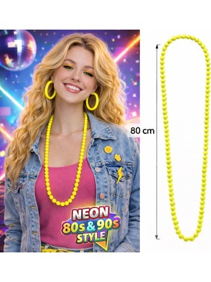 Eco Port Neon Sarı Boncuk Kolye 80 cm – Retro 80’ler 90’lar Parti Aksesuarı