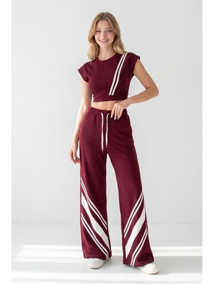 Bacc Bordo Çizgili Modal Kumaş Crop Alt Üst Takım