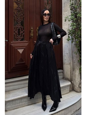 Bacc Siyah Yüksek Bel Desenli Saten Etek