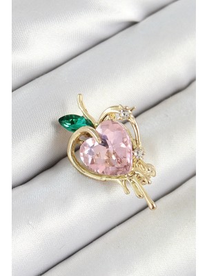 Uslucan Alışveriş Pembe ve Yeşil Zirkon Taşlı 3D Eriyen Kalp Figürlü Gold Renk Kadın Broş