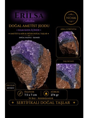 Erilsa Sertifikalı Doğal Ametist Jeodu Akik Bantlı Kristal Kuvars Ham Kaya Uruguay NO66