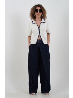 Zelish My Sister Lacivert Önü Parçalı Rahat Denim Pantolon