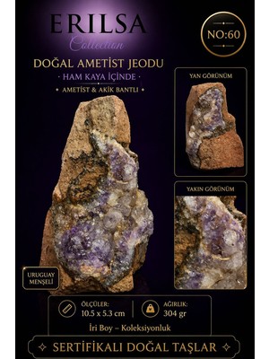 Erilsa Sertifikalı Doğal Ametist Jeodu Akik Bantlı Kristal Kuvars Kaya Formu NO60