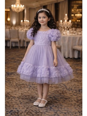 Bebeksy Kız Çocuk Kabarık Tül Etekli Fırfırlı Abiye Elbise - Balon Kollu Prenses Model - Özel Günler