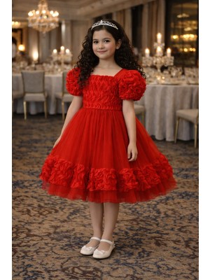 Bebeksy Kız Çocuk Kabarık Tül Etekli Fırfırlı Abiye Elbise - Balon Kollu Prenses Model - Özel Günler