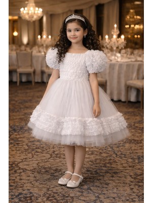 Bebeksy Kız Çocuk Kabarık Tül Etekli Fırfırlı Abiye Elbise - Balon Kollu Prenses Model - Özel Günler