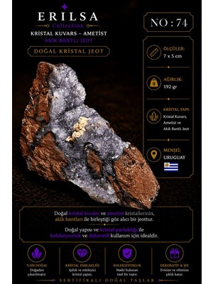 Erilsa Sertifikalı Doğal Ametist Jeodu Akik Bantlı Kristal Kuvars Ham Kaya Uruguay NO74