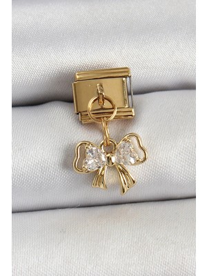 Uslucan Alışveriş 316L Çelik Sallantılı Zirkon Taşlı Fiyonk Model Gold Renk Nomination Charm