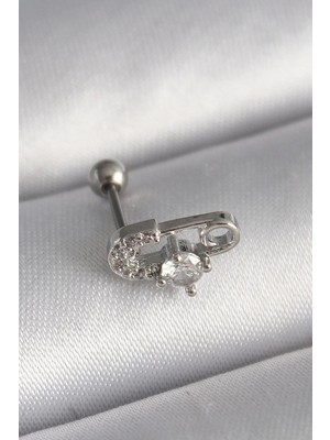 Uslucan Alışveriş 316L Çelik Gümüş Renk Zirkon Taşlı Toplu Iğne Tragus Piercing