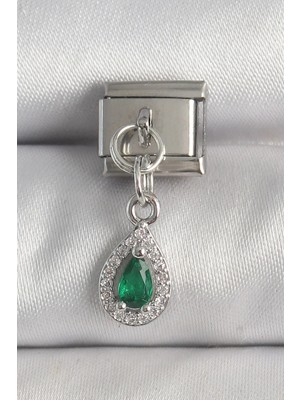 Uslucan Alışveriş 316L Çelik Gümüş Renk Sallantı Yeşil Zirkon Taşlı Damla Model Nomination Charm