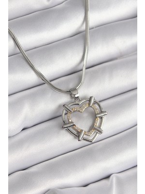 Uslucan Alışveriş 316L Çelik Gümüş Renk Italyan Zincir Mix Renk Zirkon Taş Detay Kalp Model Kadın Kolye